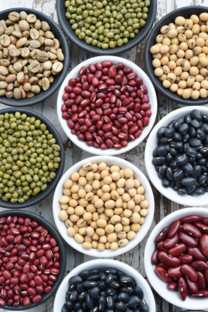 Types of beans in bowls.