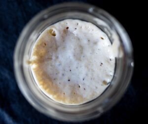 Jar of sourdough starter ready for baking bread.