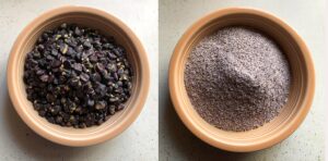 Bowls of whole blue corn and blue cornmeal.