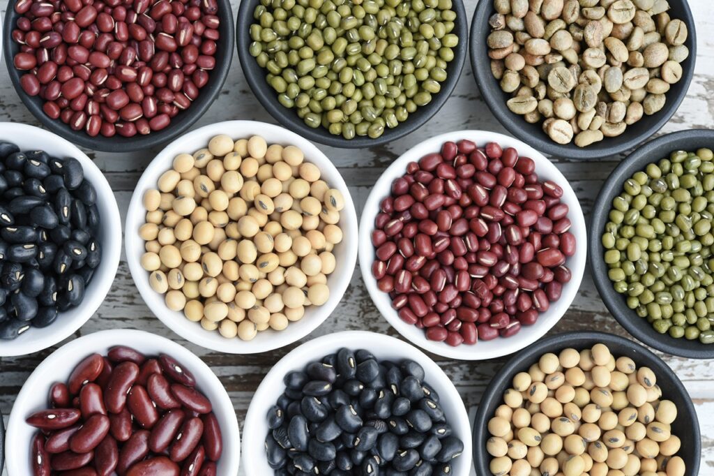 Different types of dried beans (pulses) in bowls.